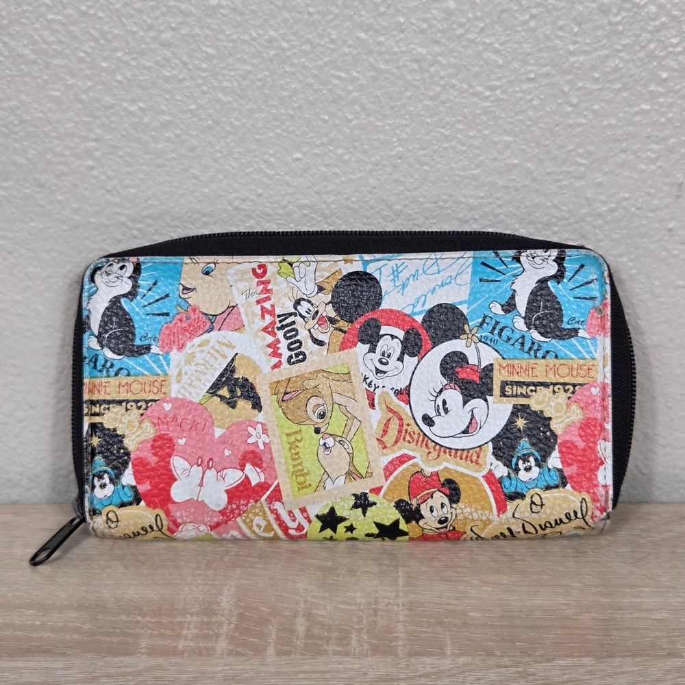 Disney Parks Classic Collage Zip Around Wallet Mickey Minnie Bambi WDW 7.5"